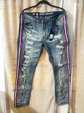 Slim Distressed Blue Jeans with Red & White Side Stripes